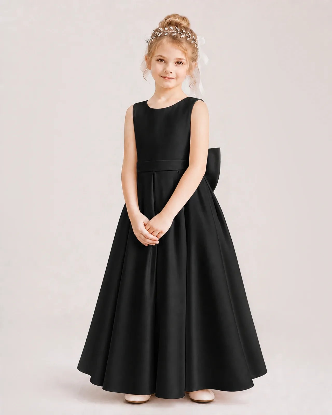 Black Satin A-line Flower Girl Dresses Front View