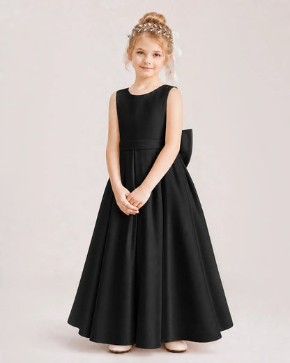 Black Satin A-line Flower Girl Dresses Front View