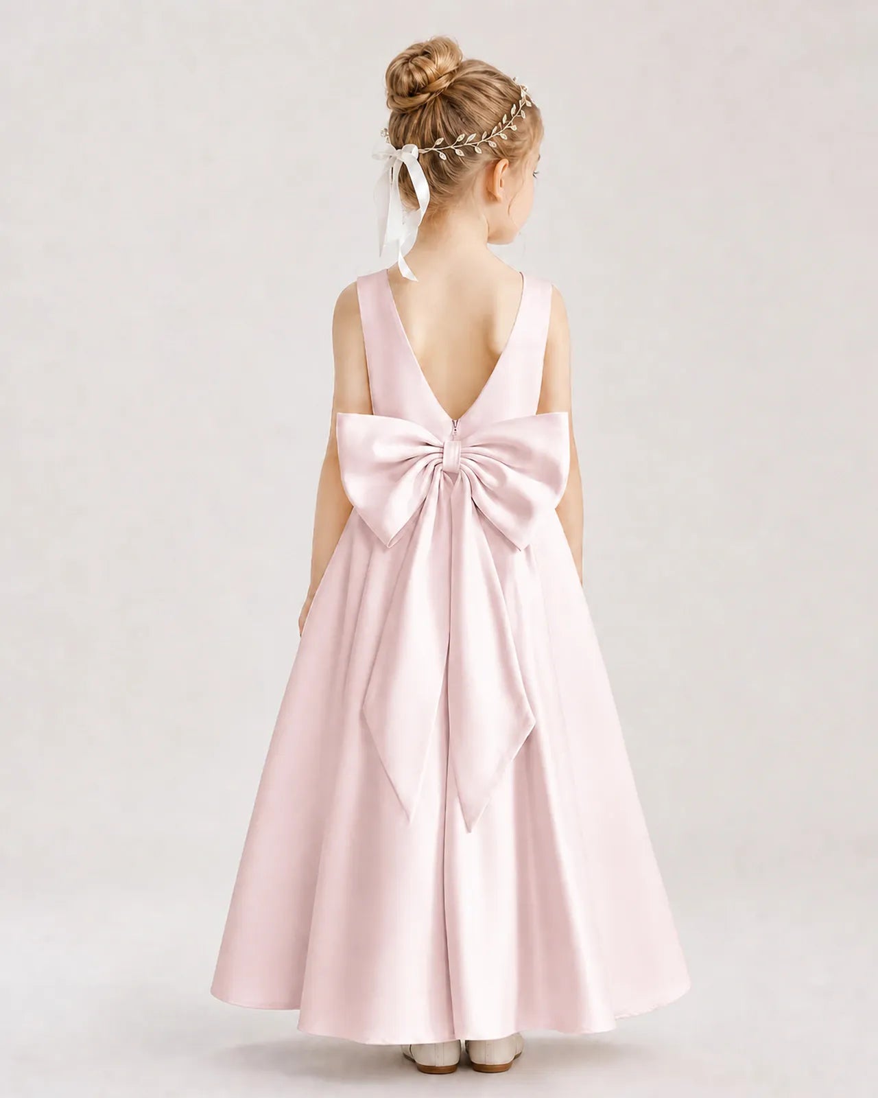 Blush Pink Satin V-Back A-Line Flower Girl Dresses Back View