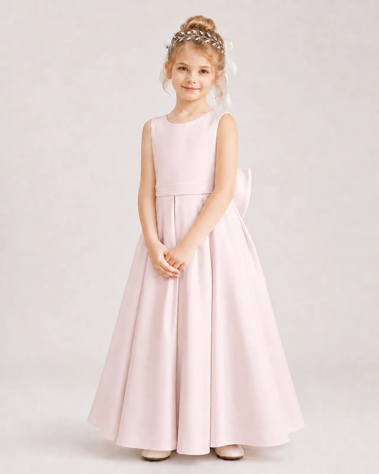 Blush Pink Satin A-Line Flower Girl Dresses Front View