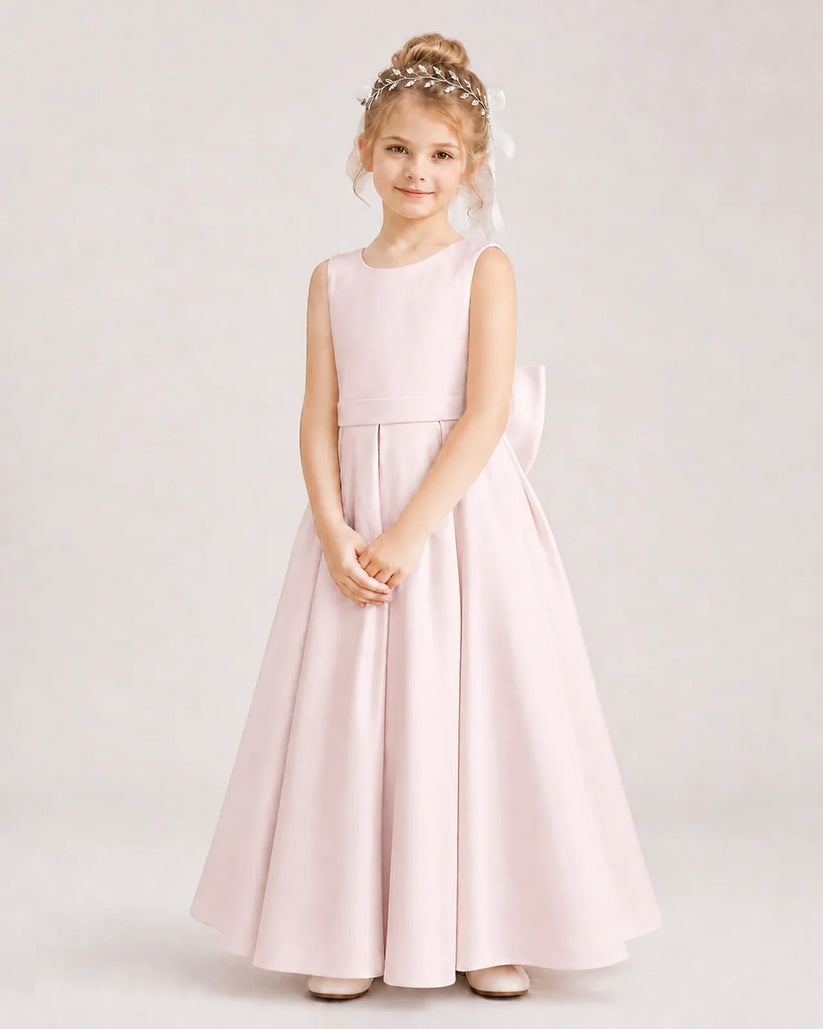 Blush Pink Satin A-Line Flower Girl Dresses Front View