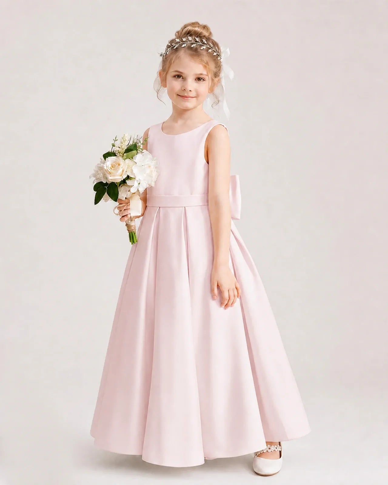 Blush Pink Satin A-line Flower Girl Dresses Side View