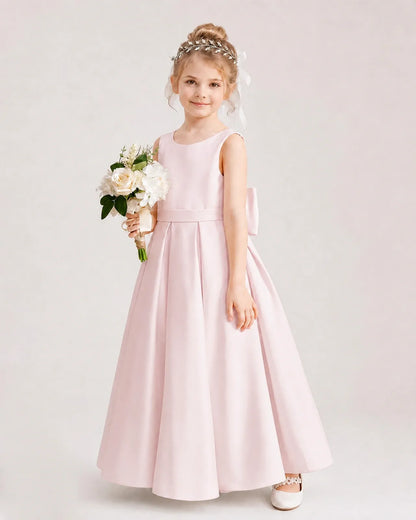 Blush Pink Satin A-line Flower Girl Dresses Side View