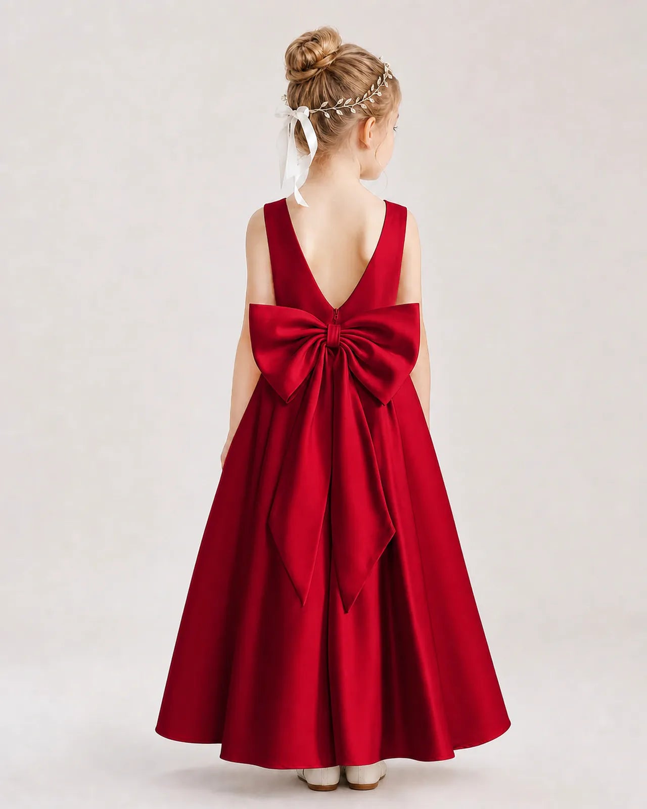 Burgundy Satin V-Neck A-Line Flower Girl Dresses Back View