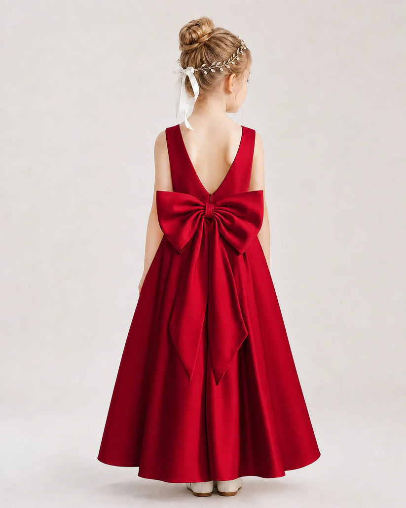 Burgundy Satin V-Neck A-Line Flower Girl Dresses Back View
