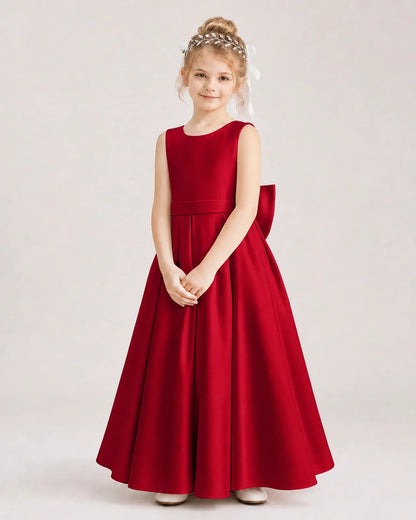 Burgundy Satin A-Line Flower Girl Dresses Front View