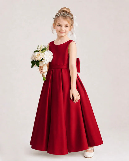 Burgundy Satin Pleated A-Line Flower Girl Dresses Side View