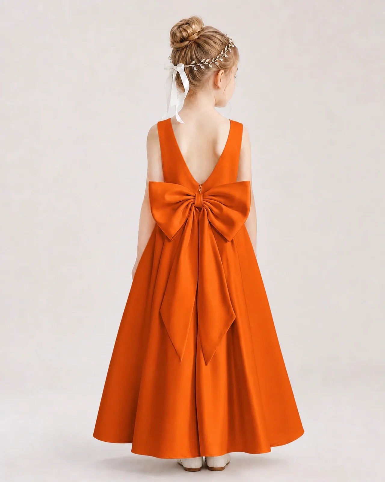 Burnt Orange Satin A-Line Flower Girl Dresses Back View
