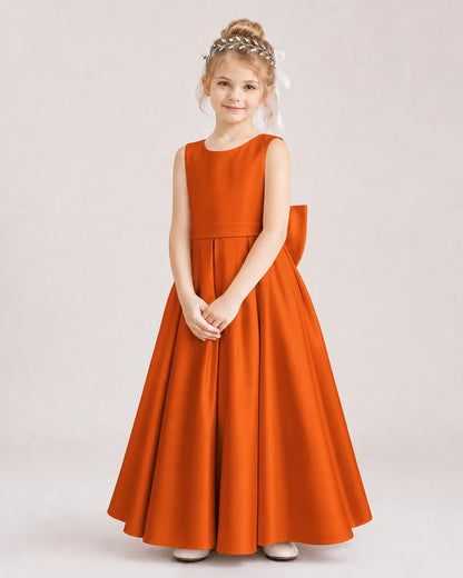 Burnt orange satin A-line flower girl dress, front view
