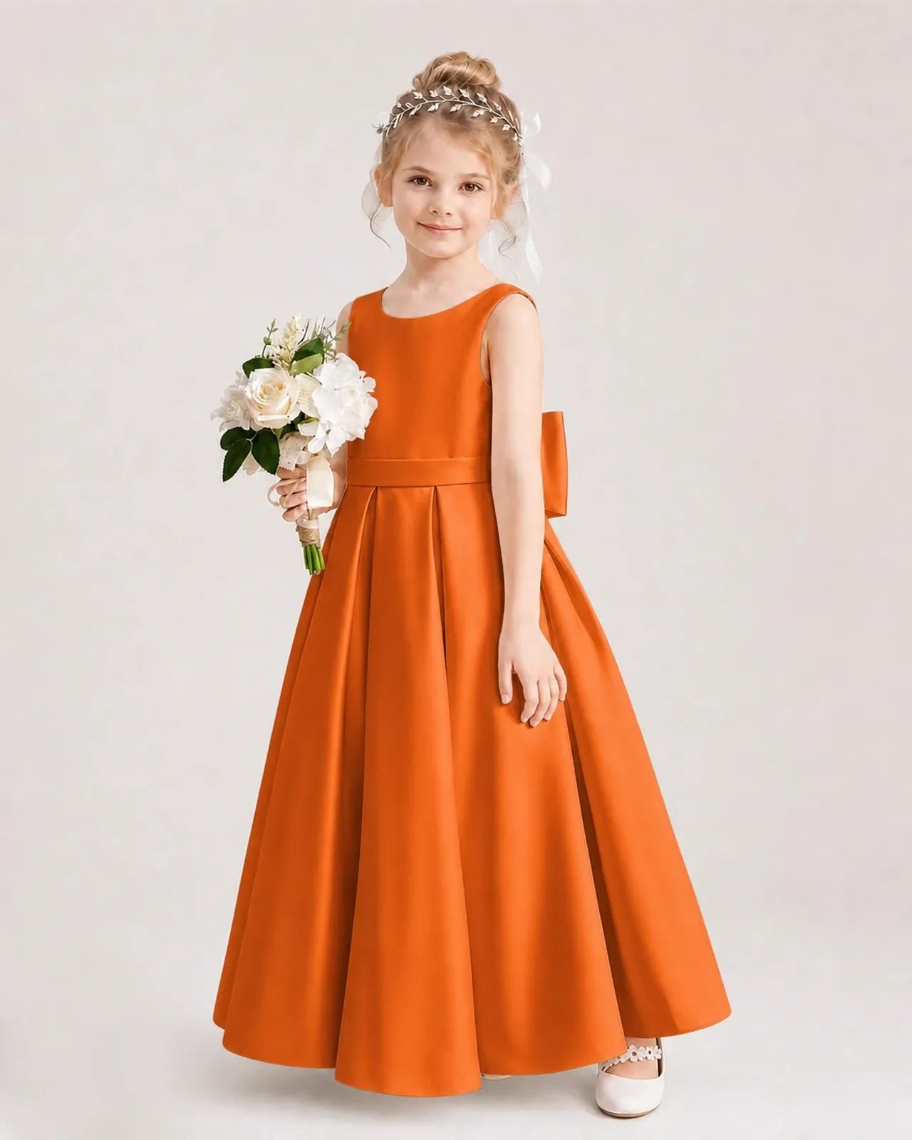Burnt Orange Satin A-Line Flower Girl Dresses Side View