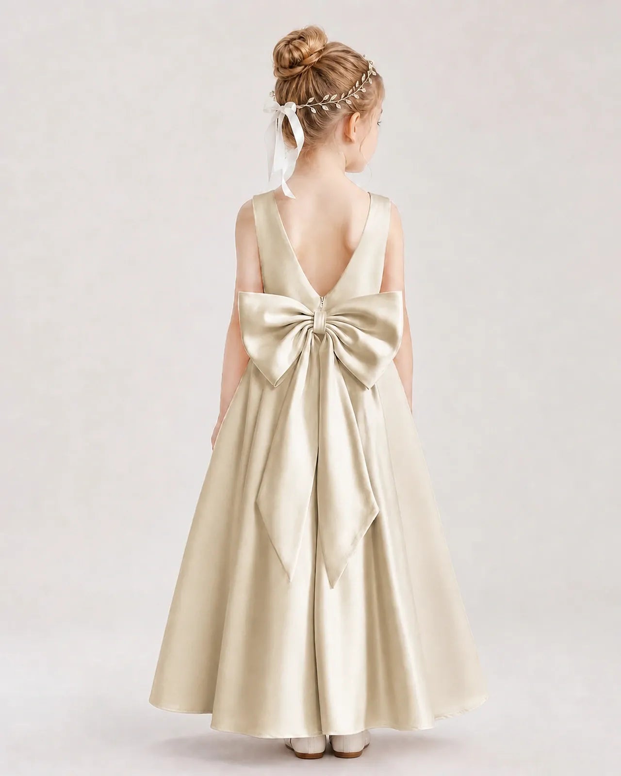 Champagne Satin A-Line Flower Girl Dresses Back View