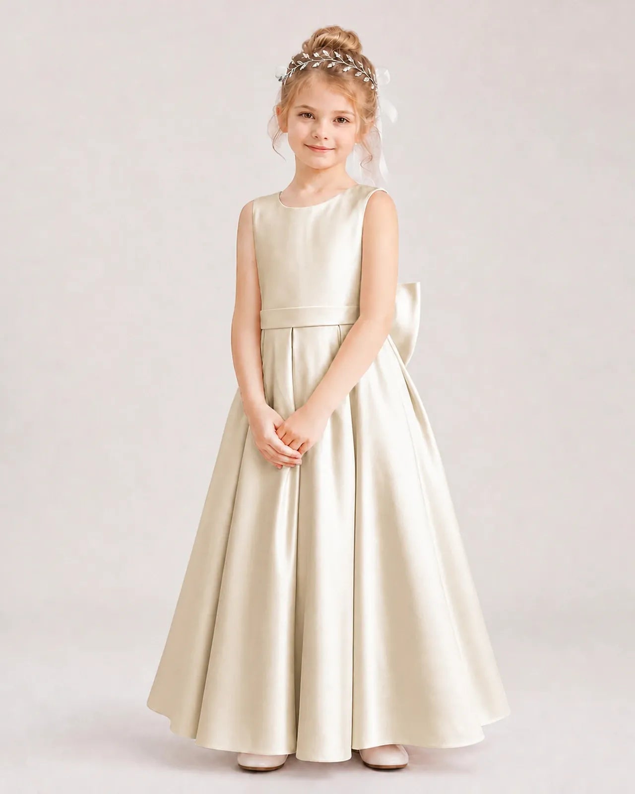 Champagne Satin A-Line Flower Girl Dresses Front View