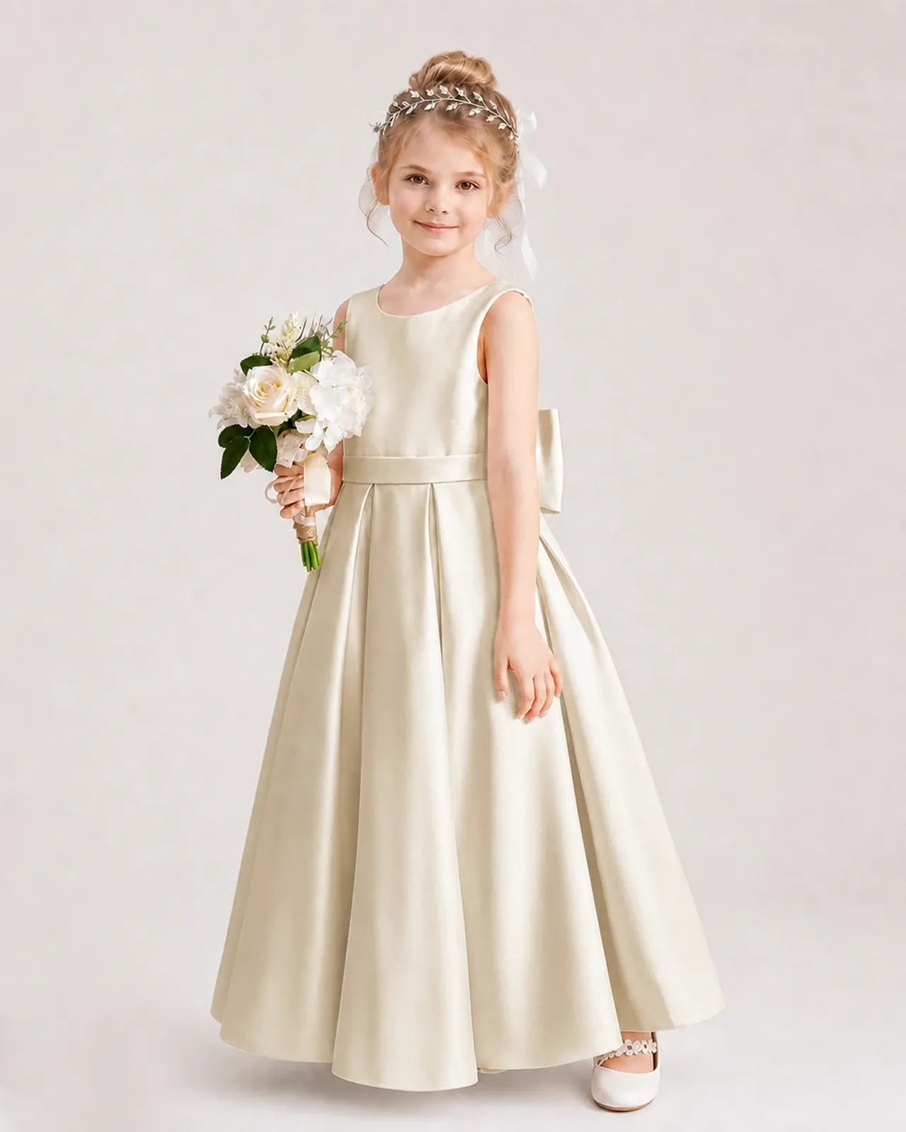 Champagne Satin A-Line Flower Girl Dresses Side View