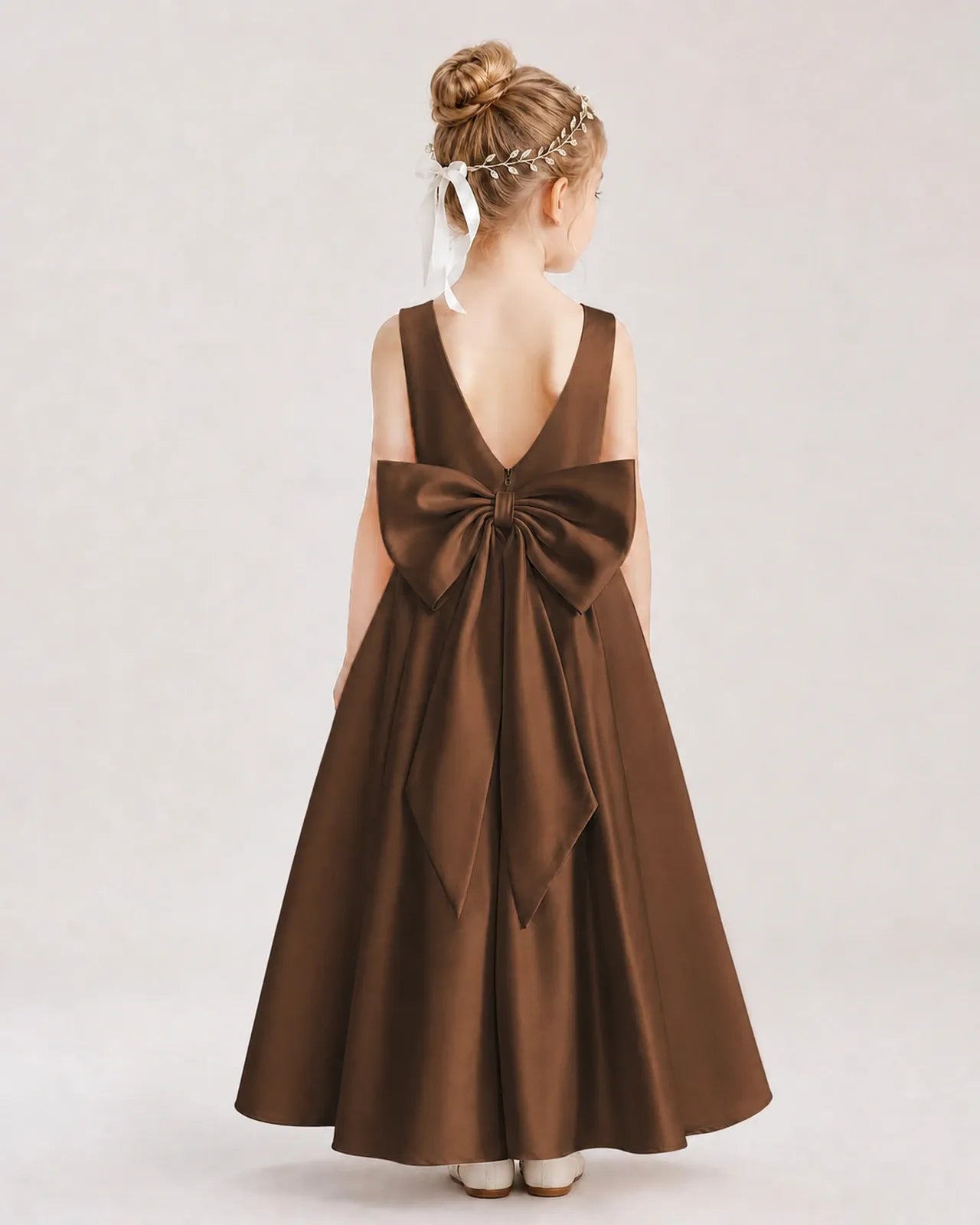 Chocolate satin V-back bow flower girl dress Back View