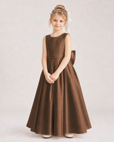 Chocolate Satin A-Line Flower Girl Dresses Front View