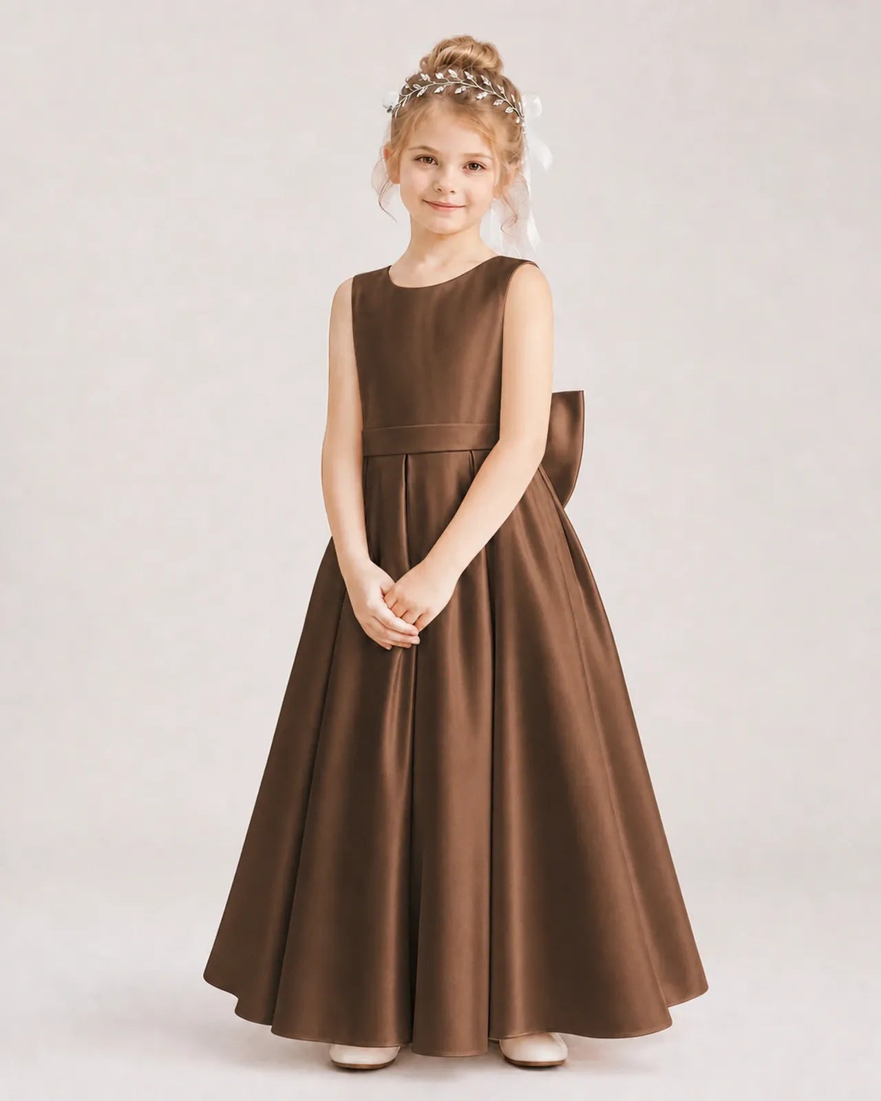 Chocolate Satin A-Line Flower Girl Dresses Front View