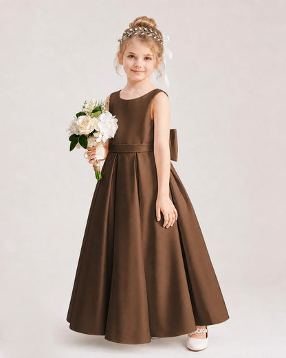 Chocolate Satin A-Line Flower Girl Dresses Side View