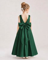 Dark Green Satin V-Neck A-Line Flower Girl Dresses Back View
