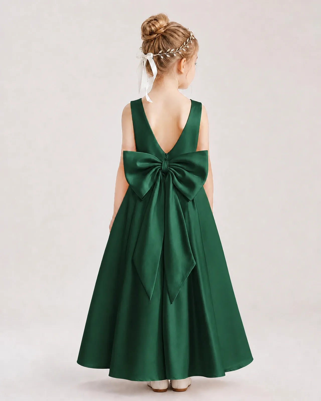 Dark Green Satin V-Neck A-Line Flower Girl Dresses Back View