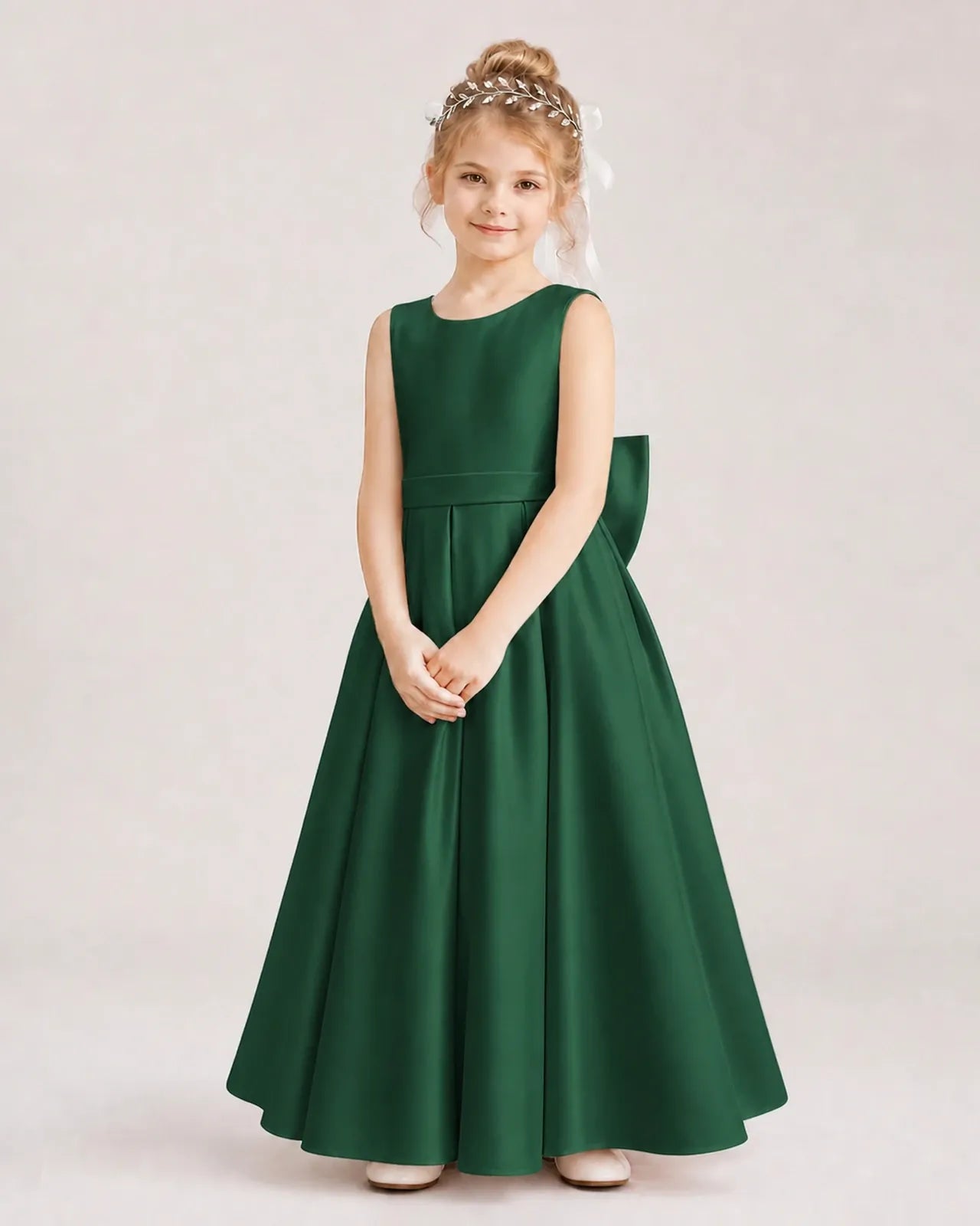 Dark Green Satin A-Line Flower Girl Dresses Front View