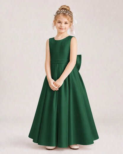 Dark Green Satin A-Line Flower Girl Dresses Front View