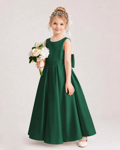 Dark Green Satin Pleated Flower Girl Dresses Side View