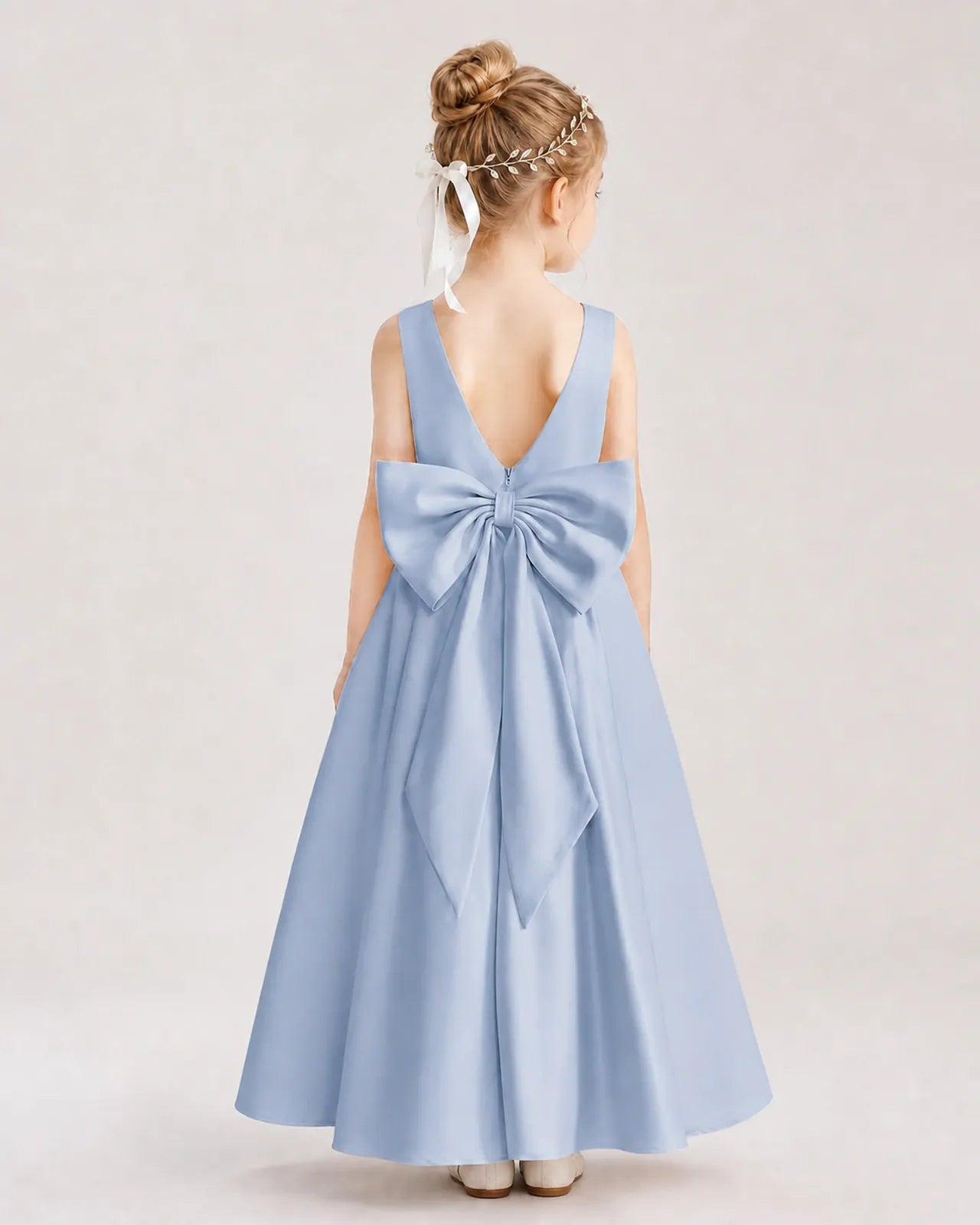 Dusty Blue Satin A-Line Flower Girl Dresses Back View