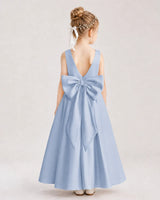 Dusty Blue Satin A-Line Flower Girl Dresses Back View