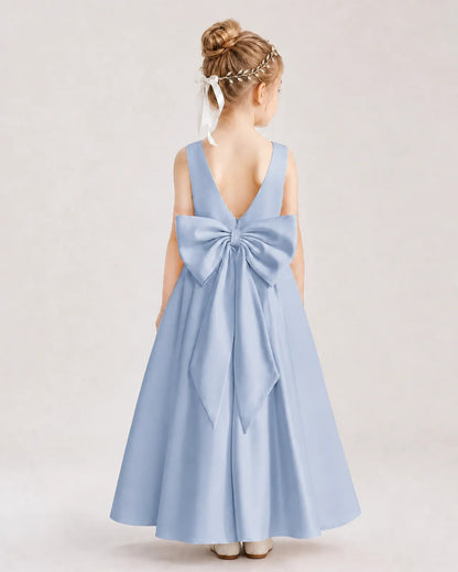 Dusty Blue Satin A-Line Flower Girl Dresses Back View