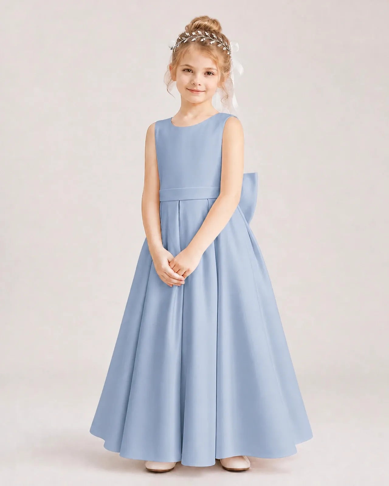 Dusty Blue Satin A-Line Flower Girl Dresses Front View