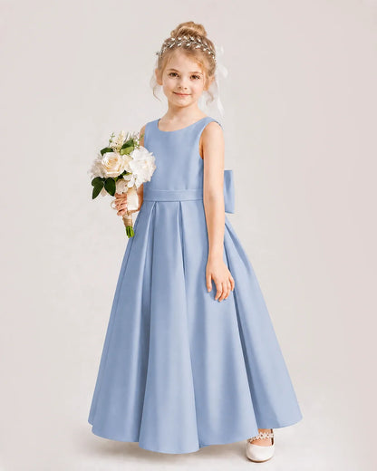 Dusty Blue Satin Pleated A-Line Flower Girl Dress Side View