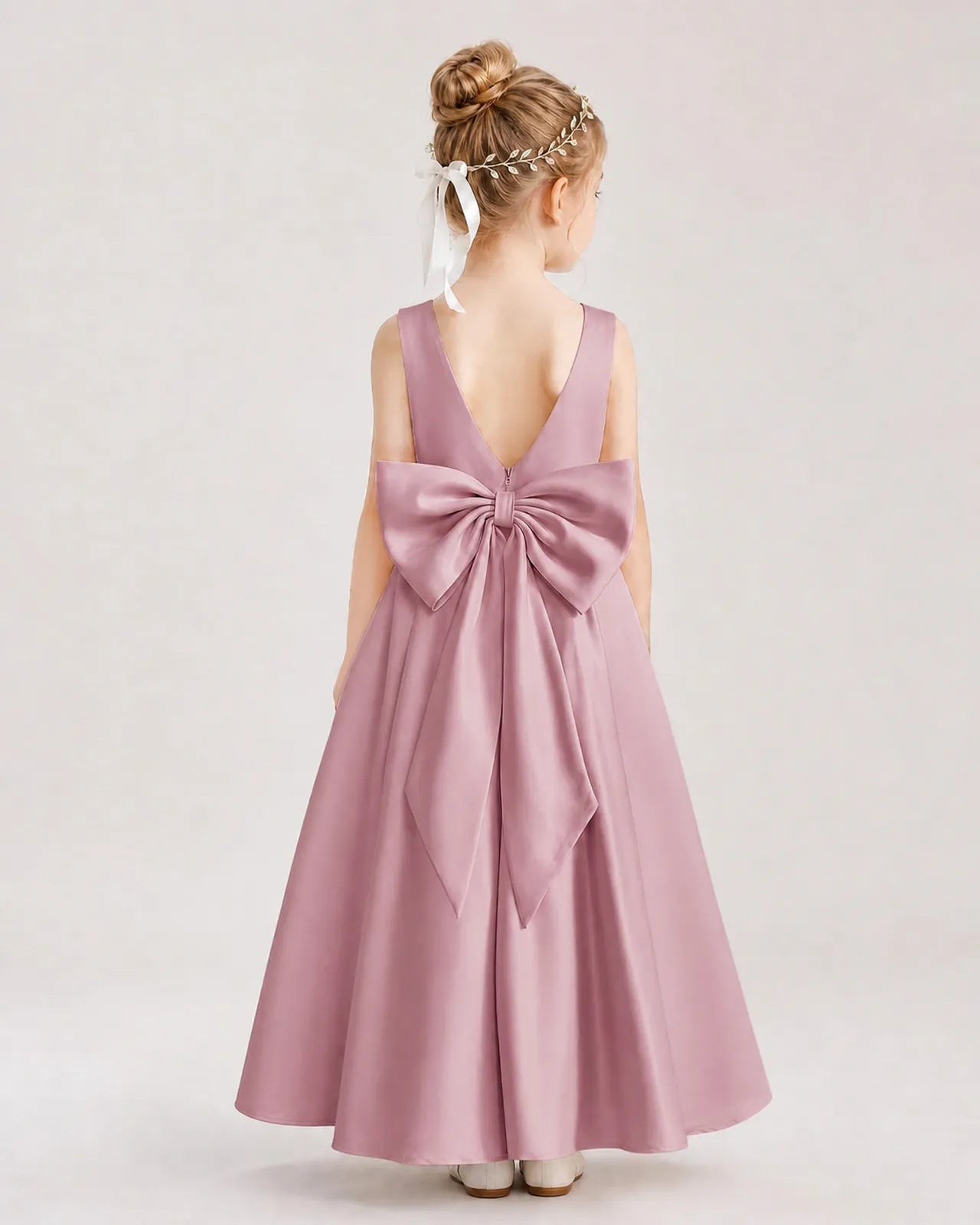 Dusty Rose Satin V-Neck Flower Girl Dresses Back View