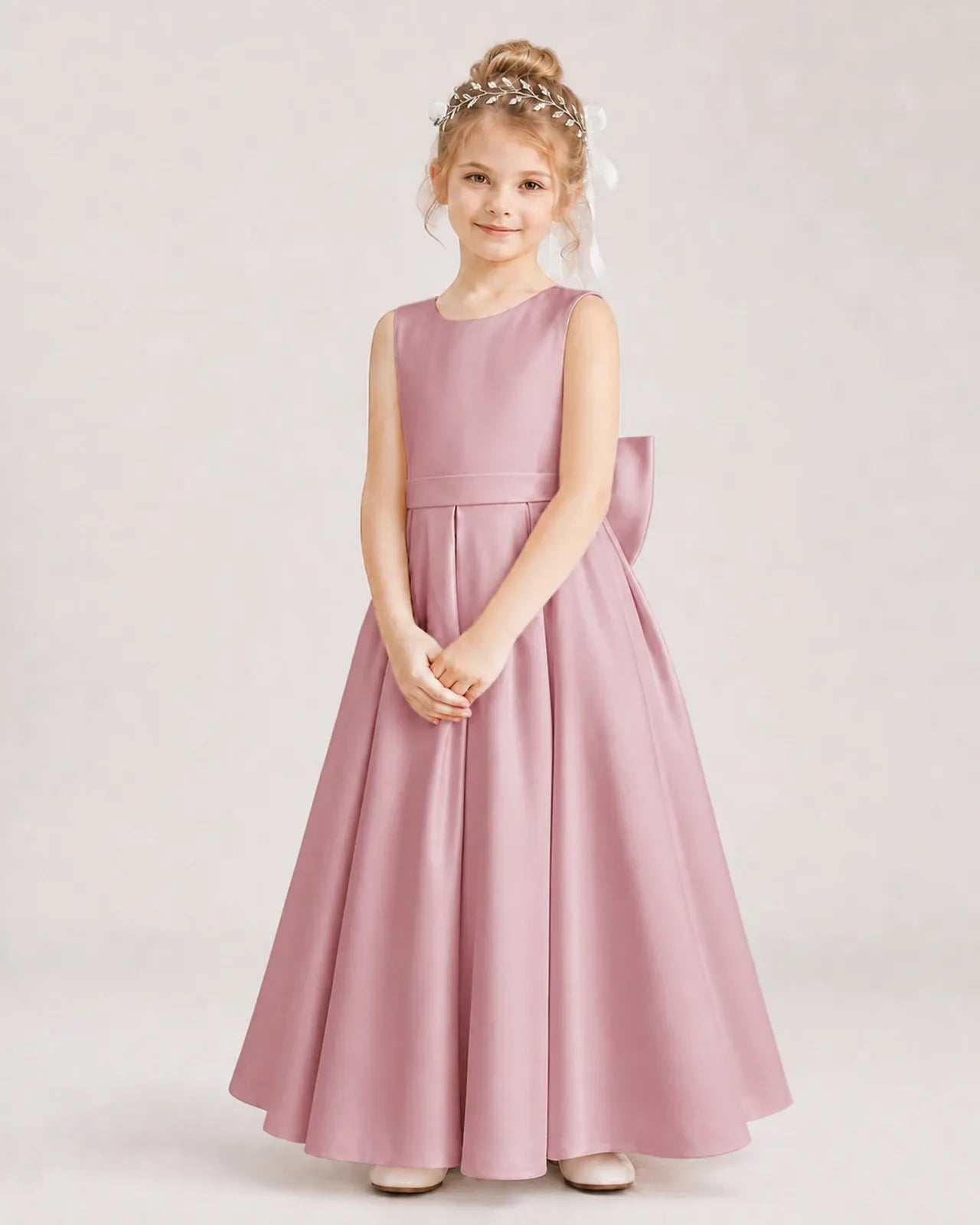 Dusty Rose Satin Pleated A-Line Flower Girl Dresses Front View