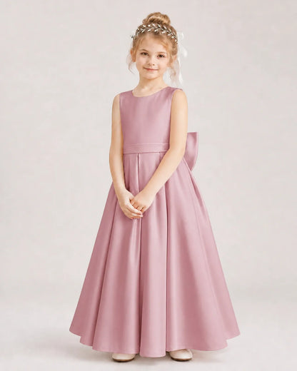 Dusty Rose Satin Pleated A-Line Flower Girl Dresses Front View