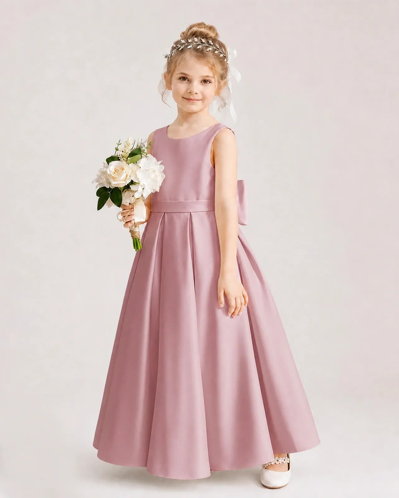 Dusty Rose Satin Pleated A-Line Flower Girl Dress Side View