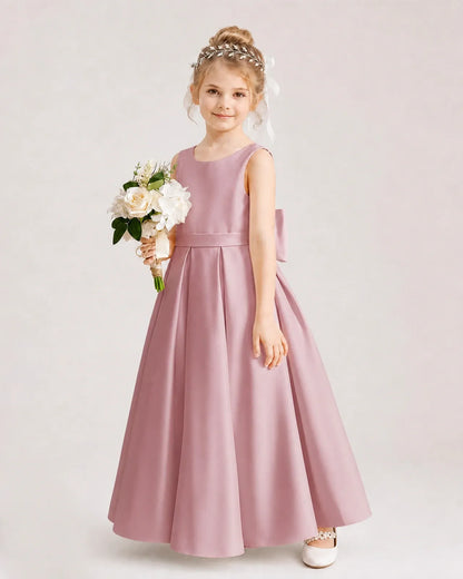 Dusty Rose Satin Pleated A-Line Flower Girl Dress Side View