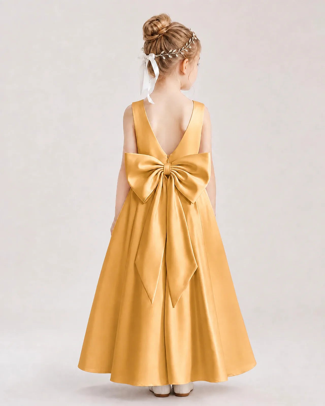 Gold Satin V-Neck A-Line Flower Girl Dresses Back View