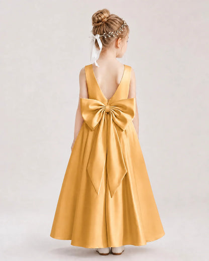 Gold Satin V-Neck A-Line Flower Girl Dresses Back View