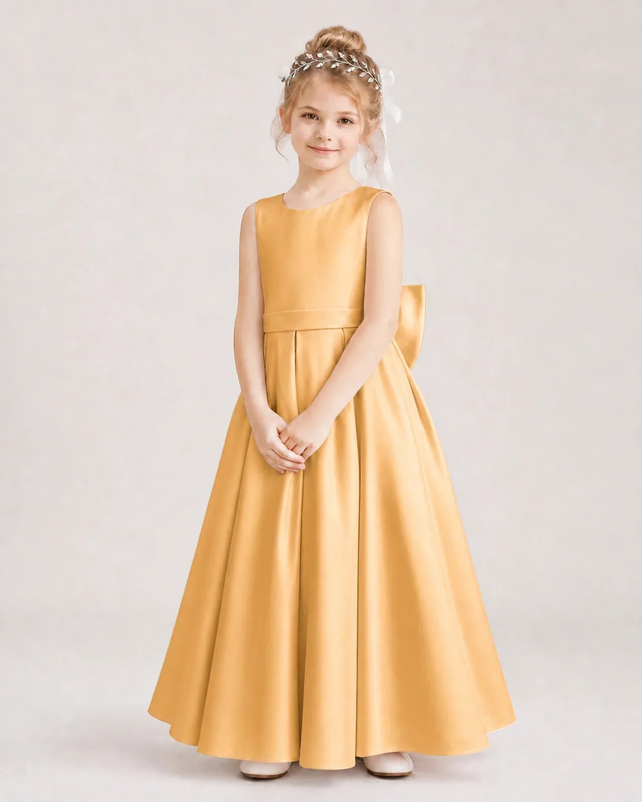 Gold Satin A-Line Flower Girl Dresses Front View