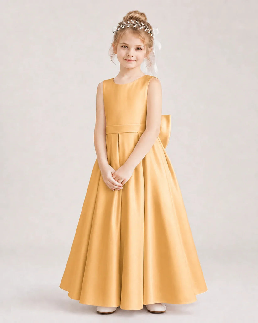 Gold Satin A-Line Flower Girl Dresses Front View