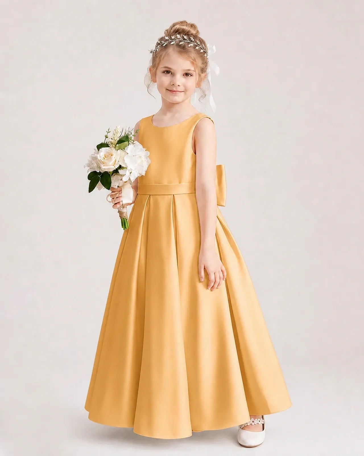 Gold Satin A-Line Flower Girl Dresses Side View