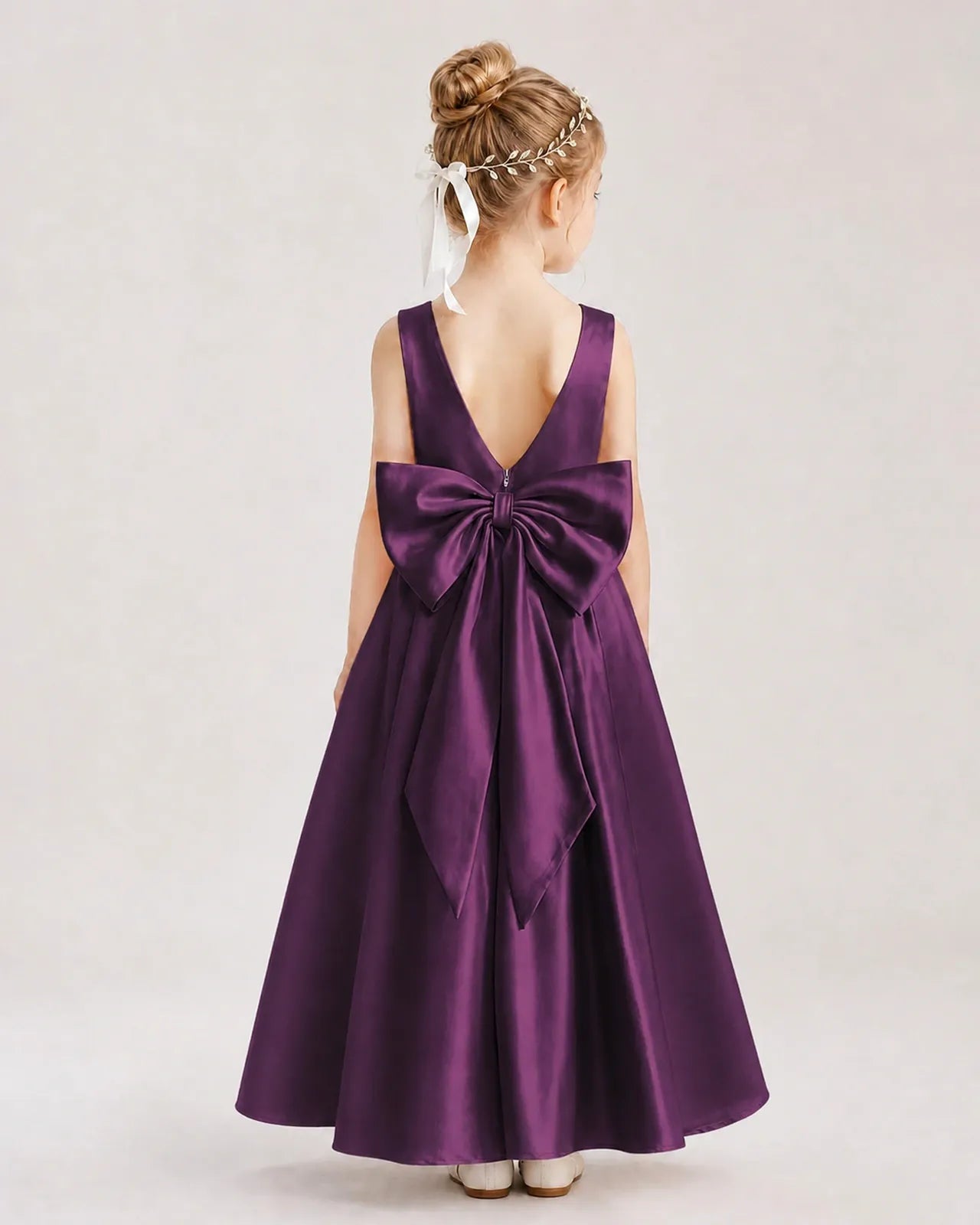 Grape Satin V-Back Bow Flower Girl Dresses Back View