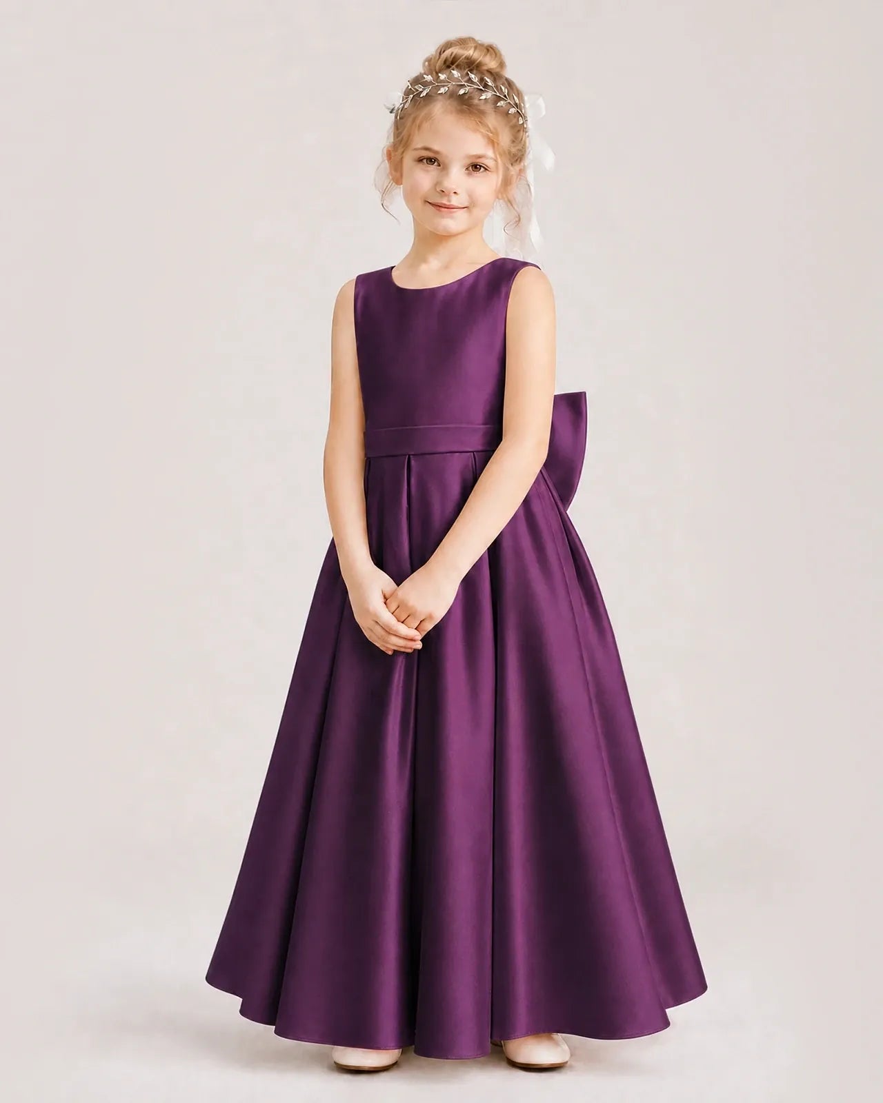 Grape Satin A-Line Flower Girl Dresses Front View