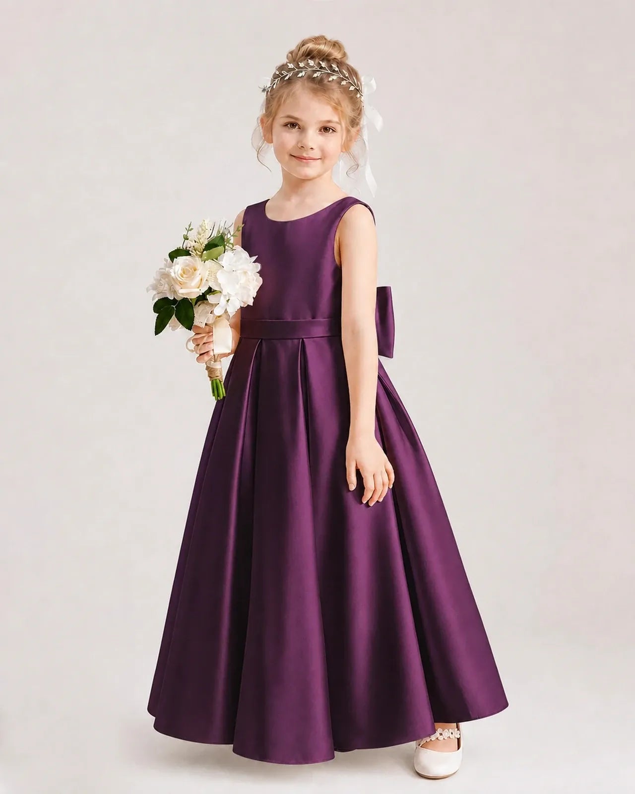 Grape Satin A-line Flower Girl Dresses Side View