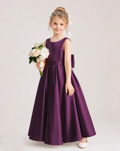 Grape Satin A-line Flower Girl Dresses Side View