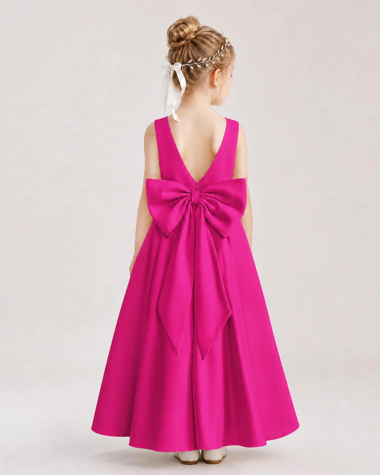 Hot Pink Satin V-Back Flower Girl Dresses Back View