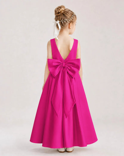 Hot Pink Satin V-Back Flower Girl Dresses Back View