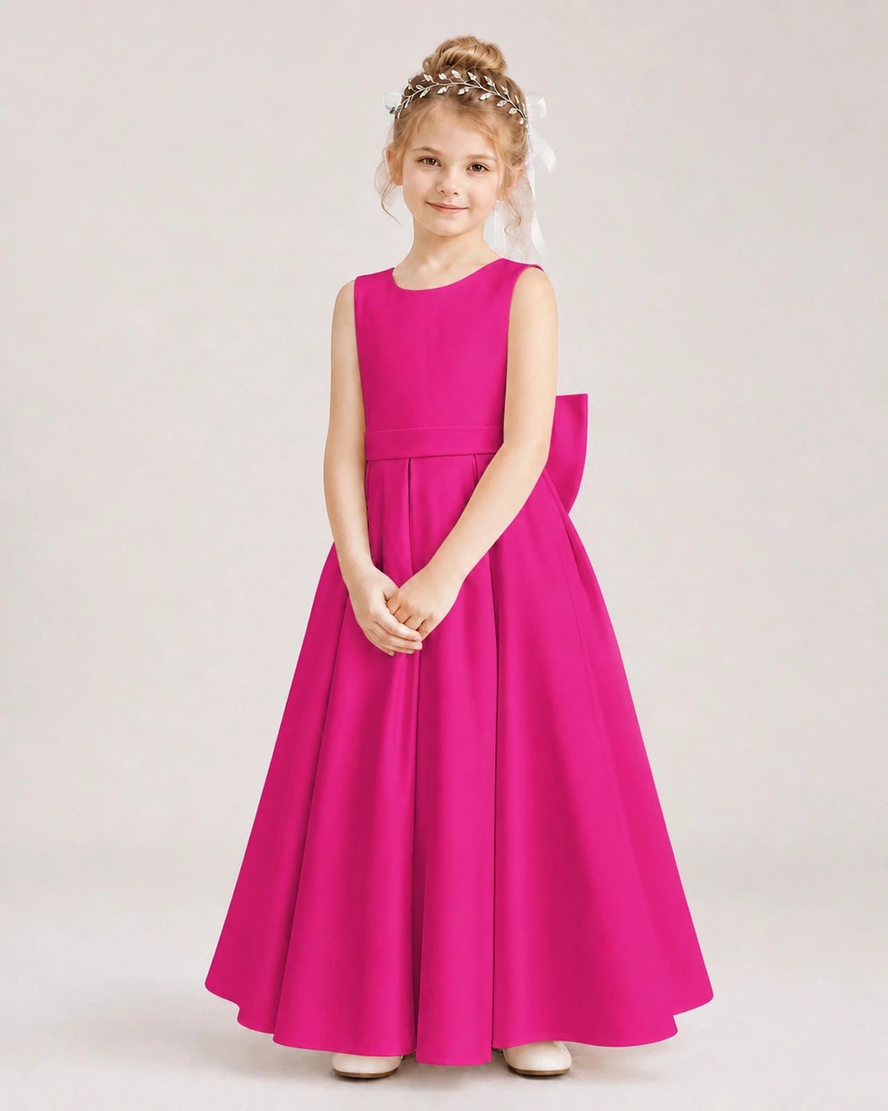 Hot Pink Satin A-Line Flower Girl Dress Front View