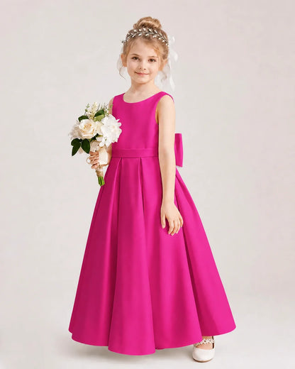 Hot Pink Satin Pleated Flower Girl Dresses Side View