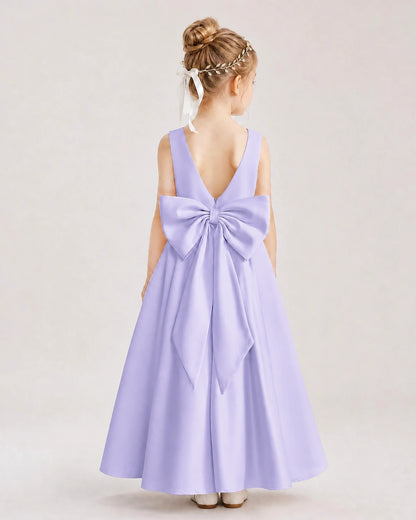 Lavender Satin V-Neck A-Line Flower Girl Dresses Back View